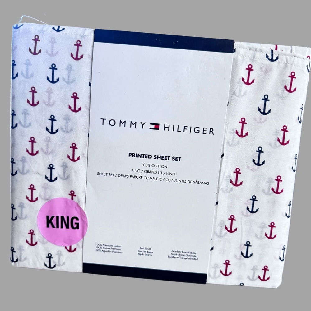 TOMMY HILFIGER ANCHOR KING SHEET SET RED WHITE BLUE 100% COTTON SHEET NEW NIP